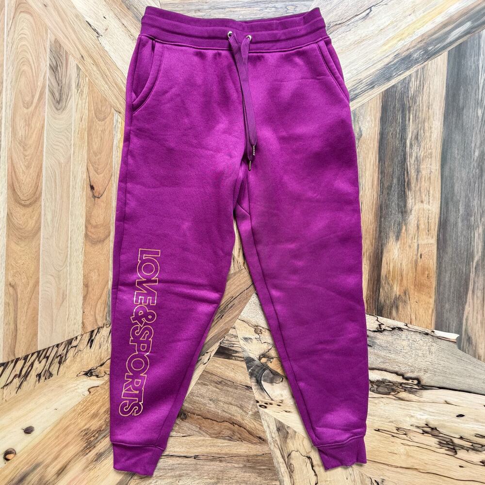 Love & Sports Women’s Fleece Jogger Pants Magenta Purple Gold Foil Logo - S(4/6)